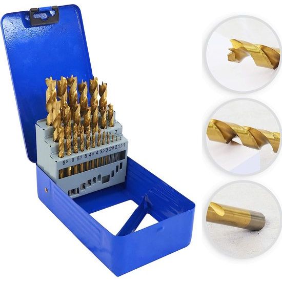 Houtboorset, plugboorset 25-delig 1-13 mm, industriële kwaliteit, HSS-G 4241 staal, TiN-coating, geslepen, kroonpunt voor exacte boorgaten, Brad Point houtspiraalboor, metalen doos