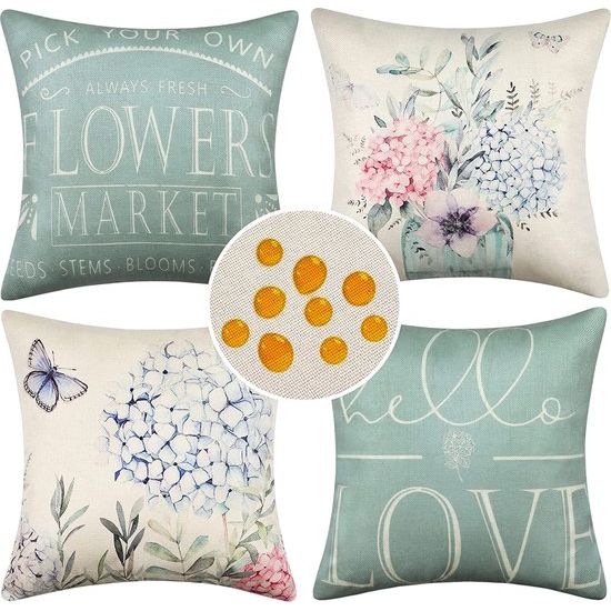 Outdoor kussensloop, waterdichte kussenslopen, 40 x 40 cm, bloemen kussenslopen, lente, vlinder, blauw, bloemen, kussensloop, patio, tuin, zomer, kussensloop, linnen, decoratief kussen, woondecoratie voor 4 stuks