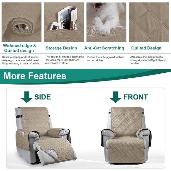 Fauteuilbeschermer voor televisiestoel - waterdichte relaxstoel - stoelbeschermer met zakken en armleuningen - 1-zits, stoelbekleding, antislip, stoelbekleding voor meubelbescherming - Zand