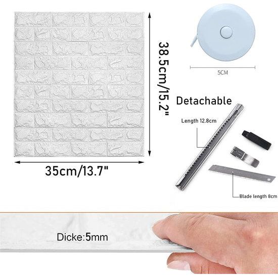 3D ophanging, wandpanelen, zelfklevend, 10 stuks, ophanging, baksteen, waterdicht, ophanging, wandophanging, schuim, 35 x 38,5 cm, voor keuken, woonkamer, slaapkamer, kinderkamer (wit)