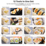 Sushi Maker Kit All In One Sushi-set 12 stuks complete sushi making tool met 8 verschillende vormen van sushi rijstrolvorm DIY huis sushi tool off (wit)