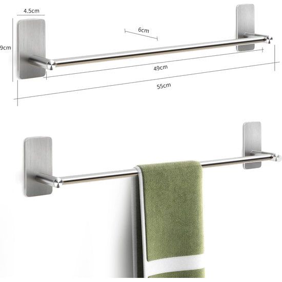 Self-Adhesive Towel Holder, Bathroom, No Drilling, Stainless Steel Towel Rail, 55 cm (Multi-Way)