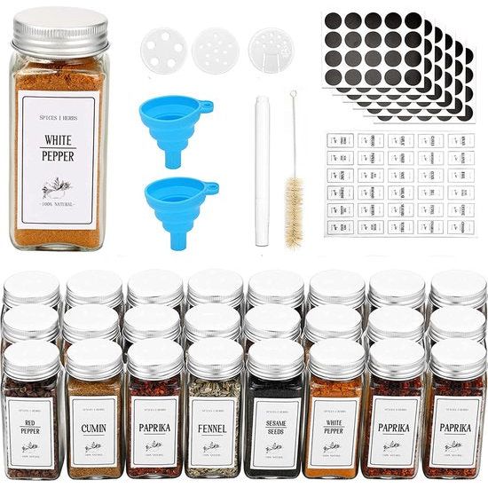 Set van 25 kruidenpotjes, 120 ml, met 150 etiketten, keukenglas, kruidenpotjes, transparant, vierkant, met schroefdop, trechter, borstel, iquettes en krijtstift, kruidenopslag, glazen set