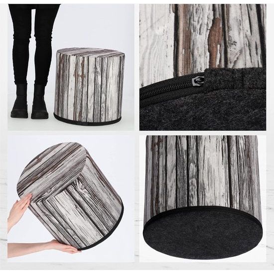 KADAX - Zitpoef, Poef, ronde poef, Ø 40.5x41 cm - houtlook, poef met wasbare overtrek, zitzak, vloerkussen, decoratieve kruk, voetenbank, zitkussen, stoffen kruk - Wit