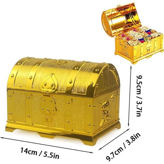 Gouden piratenkist, piratenschatkist, schatkist voor kinderen, kleine schatkist, schatkist met slot, vergulde piratenschatkist, voor verjaardagscadeaus, feestgeschenken, rollenspellen