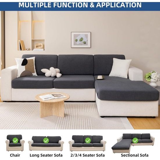 Bankhoes L-vorm, bankhoes 3-zits, stretch zitkussenhoes, bankdeken, bankbeschermer, banksprei, elastische hoes voor L-vorm, donkergrijs, chaise longue (1 stuk)