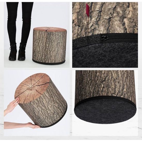 KADAX - Zitpoef, Poef, ronde poef, Ø 40.5x41 cm - houtlook, poef met wasbare overtrek, zitzak, vloerkussen, decoratieve kruk, voetenbank, zitkussen, stoffen kruk - Eiken