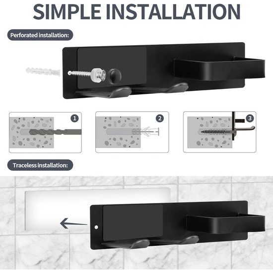 Föhnhouder Muur zonder boren, 2 in 1 Föhn- en Stijltanghouder voor Badkamer, RVS Föhnhouder voor Hotelbadkamer Slaapkamer, Wandhouder voor Föhn (Zwart)