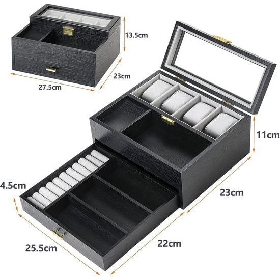 Horlogedoos voor heren, 4 horloges met glazen venster, horlogeopbergdoos, horlogekoffer met lade, cadeau voor mannen,echtgenoot, vriend, Zwart