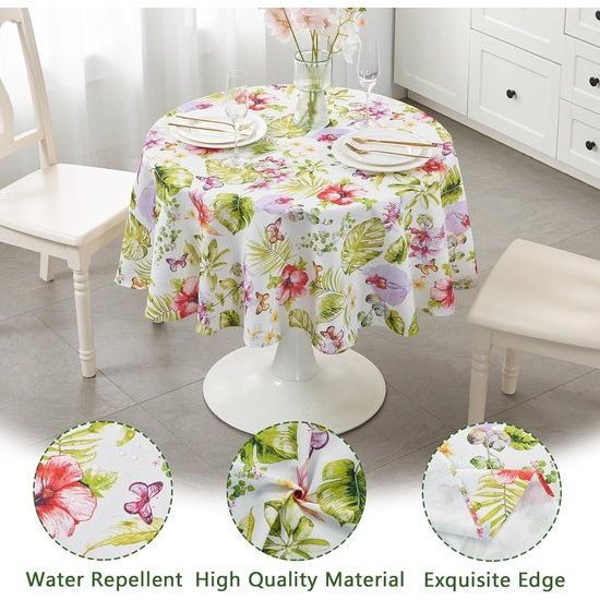 Tafelkleed rond 120 cm afwasbaar tafelkleed waterafstotend tafelkleed stofdicht met rode bloemen tropische planten voor keuken, eetkamer, eettafel, salontafel, tuintafel, biertafel