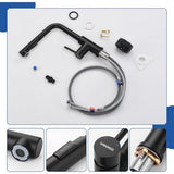 Keukenkraan met sproeier, uittrekbaar, hogedruk waterkraan, keuken, zwart, 360° rotatie, spoelbakarmatuur met douche, twee waterstraalsoorten, keukenkraan van roestvrij staal 304, mengkraan