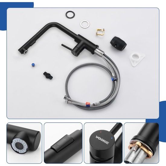 Keukenkraan met sproeier, uittrekbaar, hogedruk waterkraan, keuken, zwart, 360° rotatie, spoelbakarmatuur met douche, twee waterstraalsoorten, keukenkraan van roestvrij staal 304, mengkraan