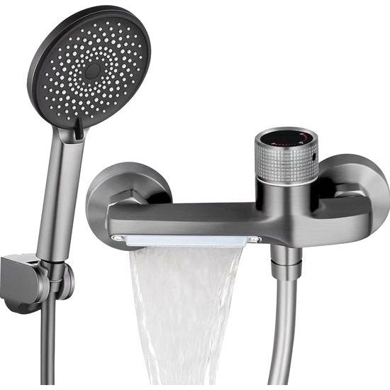 Badarmatuur, waterval met handdouche, badarmatuur, thermostaat, messing, warme en koude dubbele bediening, chroom waterval-douche-armatuur, mengkraan, voor wandmontage (grijs)