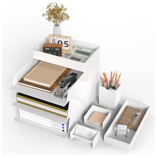 4 verdiepingen brievenbakje, documentenplateaus voor A4, opbergvakken, stapelbaar, bureau van kunststof, papieren organizer met penhouderset, bureauplank, archiefplank, opbergmand