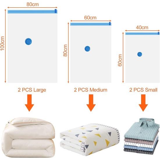 6 stuks vacuümzakken voor kleding, dekbedden, matrassen, vacuümzakken met handpomp, ruimtebesparende vacuümopbergzakken, kledingzak voor op reis, vacuümzakken, 100 x 80 cm, 80 x 60 cm, 60 x 40 cm