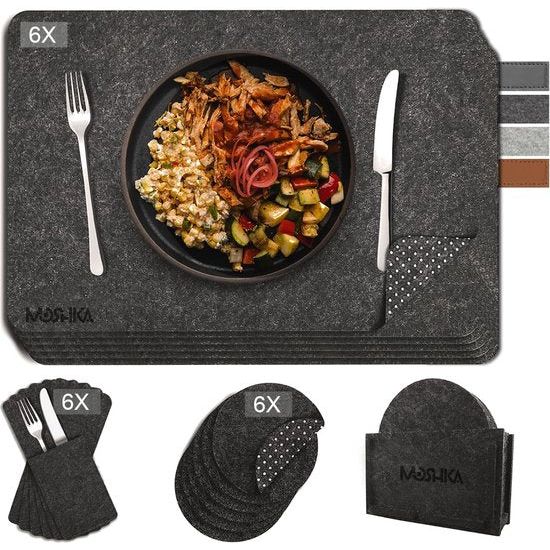 Premium Set van 19 placemats van vilt, placemat met antislip placemats, afwasbaar, tafelmatten, rechthoekige borden, onderzetters, placemats, viltset, antraciet met accessoires