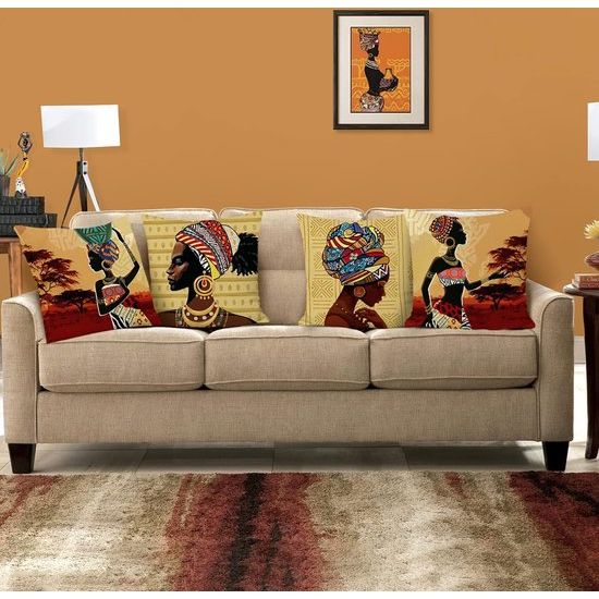 Set van 4 kussenslopen, Afrikaanse vrouwen, 45 x 45 cm, etnische stammen, polyester, linnen, decoratieve kussenovertrekken voor bank, slaapkamer, woonkamer, auto, woondecoratie