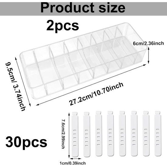 Kabelopbergdoos, 2 stuks kabelorganizerbox met deksel, 8 vakken met 30 kabelbinders, transparante kabelmanagementbox voor bureau, opslag, kantoor, thuisgebruik