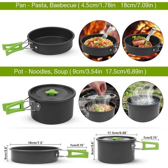 Camping kookgerei, 14-delig, aluminium campingservies, campingservies, outdoor, koken, opvouwbare kookpannenset, 1,1 l, theeketel, campingpot, outdoor, bestek, 2-3 personen