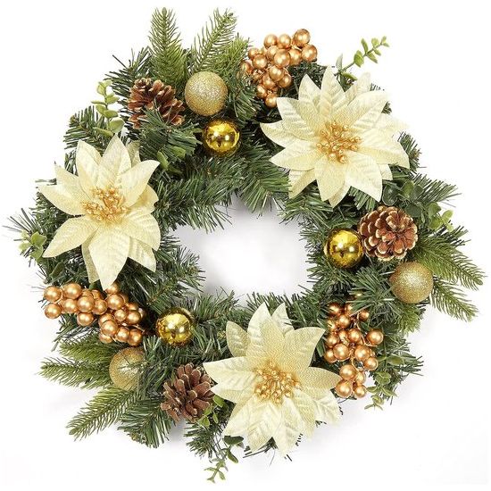 40CM kunstmatige kerstdeurkrans, kerstslinger met kerstballen, kerstbloemen, bessen en dennenappels voor voordeur, open haard en wanddecoratie - goudkleurig