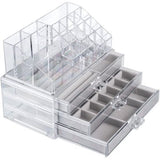 Sieradendoosje voor dames, sieradenkistje met 3 laden, acryl sieradendoos + lippenstift organizer voor ringen, horloges, oorbellen, armbanden, halskettingen