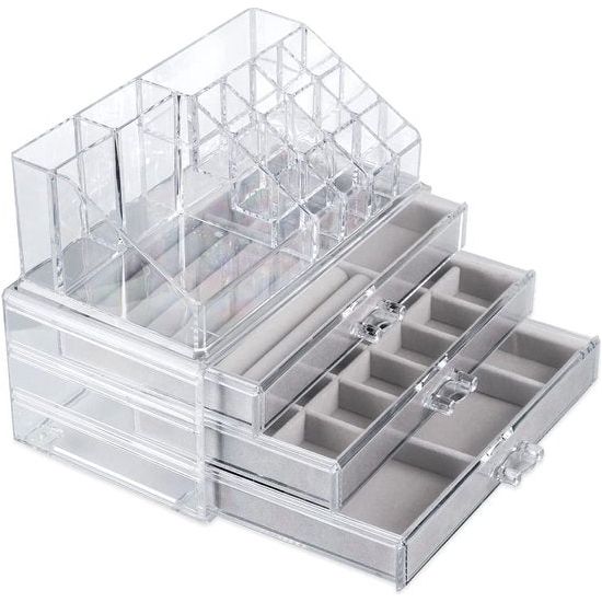 Sieradendoosje voor dames, sieradenkistje met 3 laden, acryl sieradendoos + lippenstift organizer voor ringen, horloges, oorbellen, armbanden, halskettingen