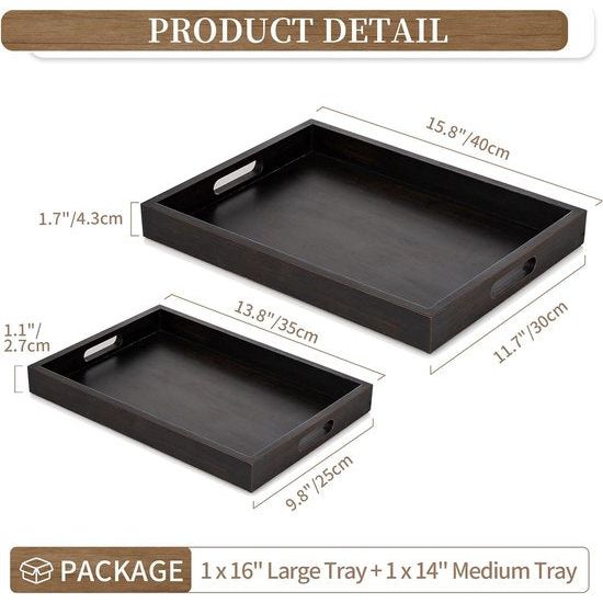 Decoratief dienblad, houten dienblad, dienblad, decoratieve borden, hout, rechthoekig, bruin, dienbladen, 2 stuks, vintage houten borden met handvat, dienbladen voor kaarsen, theelicht