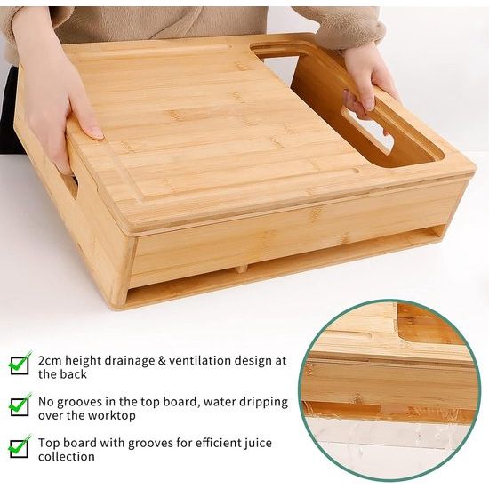 Premium Bamboo Chopping Board with Collection Trays and Grater, Kitchen Board Made of Bamboo Wood with Juice Groove, Multifunctional Chopping Board Set, Dishwasher Safe, Practical Kitchen Aid