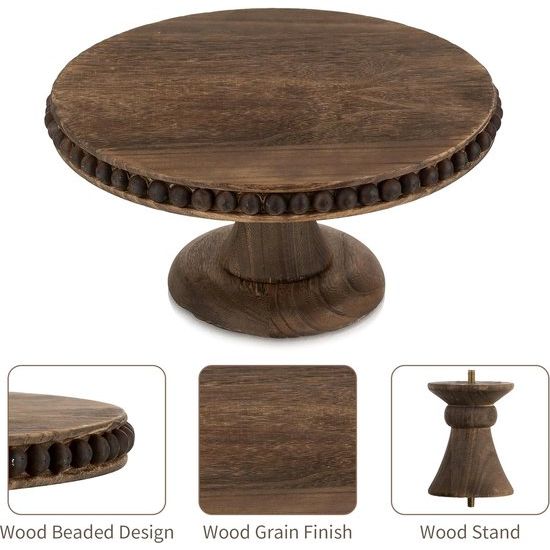 Ronde houten taartstandaard basis: vintage taartstandaard voor weergave rustiek bruin klein decoratief met kralenrand boerderij taartstandaard taartbel hoog decoratief dienblad 30 cm
