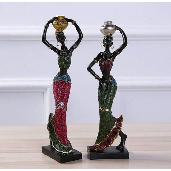 2 stuks Afrikaanse dame sculptuur stammen dame figuur beeldjes hars handwerk verzameling standbeeld vintage desktop ornamenten