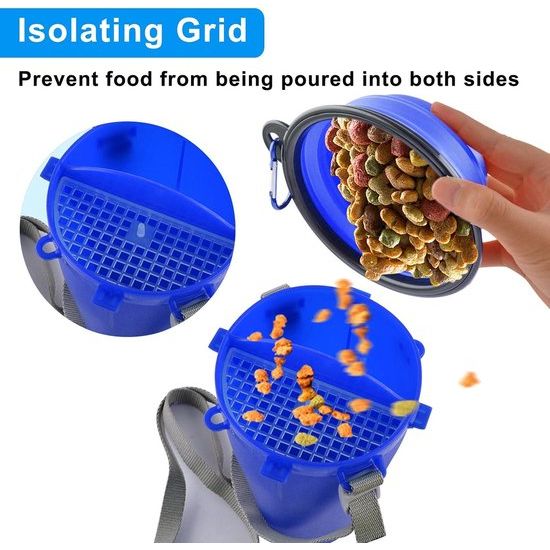 Draagbare waterfles en voerfles, 800 ml, 2-in-1 drinkfles met 2 vouwkommen voor honden, hondenbak, opvouwbare waterbak voor kamperen, wandelen, wandelen en training (blauw)