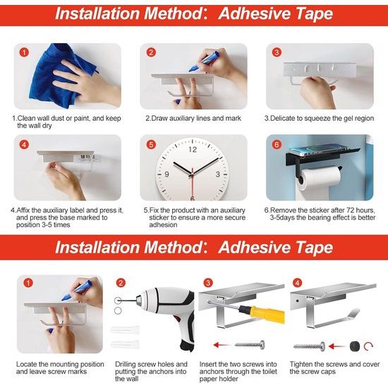 Space aluminium toiletrolhouder met ruime planken, toiletrolhouder wandhouder voor toilet en keuken, zonder boren met plank (zwart)