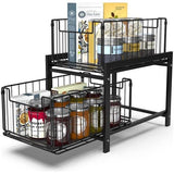 Keukenrek met 2 uittrekbare manden, schuifmand met 2 niveaus, uittrekbare laden, laden onder de spoelbak, kruidenrek met 2 niveaus, badkamerorganizer, zwarte onderkastplank