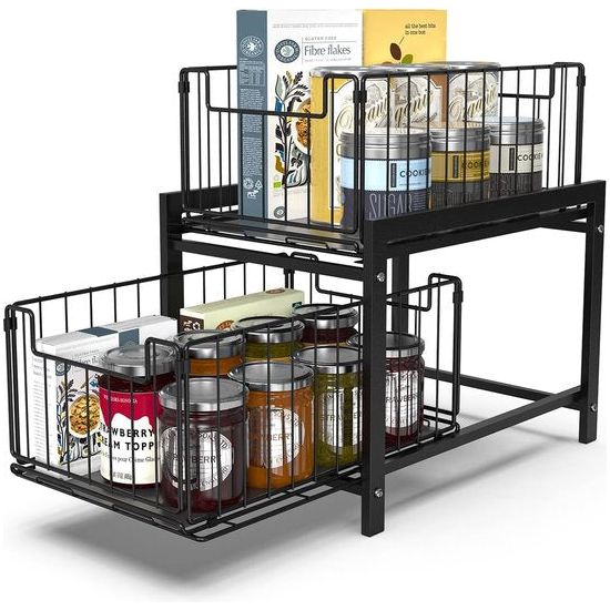 Keukenrek met 2 uittrekbare manden, schuifmand met 2 niveaus, uittrekbare laden, laden onder de spoelbak, kruidenrek met 2 niveaus, badkamerorganizer, zwarte onderkastplank