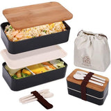 Bento Lunchbox voor volwassenen, 1200 ml, Japanse Bento Box, 2-traps broodtrommel met bestek en tas, lunchbox voor volwassenen en kinderen, voor werk en school (zwart)