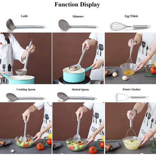 38-delige siliconen keuken-kookgereiset met keukengerei, siliconen kop en roestvrijstalen handgreep, kookgerei voor keukengerei (zilver)
