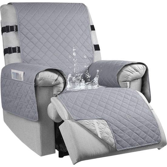 Fauteuilbeschermer voor kinderen, honden, 100% waterdichte relaxstoel, stoelbeschermer met zakken, 1-zits, antislip, stoelbeschermer voor televisiestoel met 2 verstelbare riemen, grijs