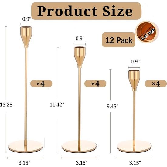 Set van 12 kandelaars, Franse goudkleurige kandelaars, geschikt voor kaarsen met een dikte van 3/4 inch, hoge metalen kandelaar voor bruiloften, woondecoratie en kaarslicht diners.