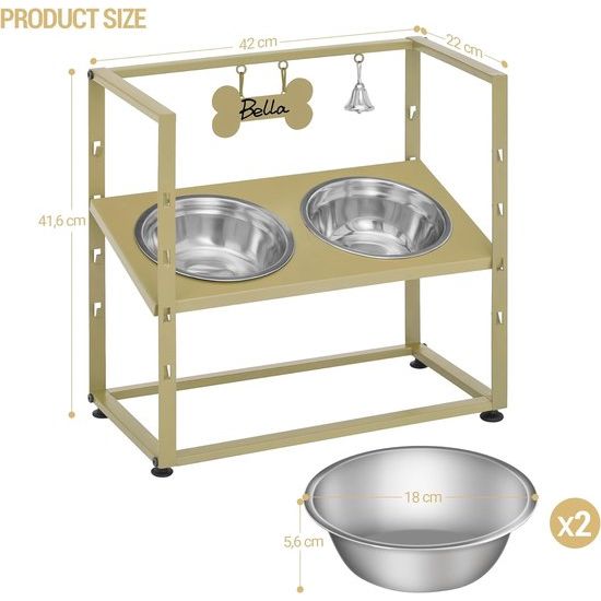 Verhoogde hondenbakken, 5 in hoogte verstelbare voerbakken, verhoogde hondenbakstandaard met 2 roestvrijstalen bakken, gekanteld ontwerp, eenvoudige installatie, met naamplaatje en bel, goud