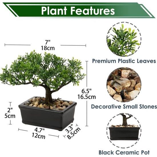 Plant Kunstboom Bonsai Ceder Pine Podocarpus Plastic Plant Kunstplant met keramische bloempot in zwart voor Badkamer Decoratie Desktop Kantoor Vensterbank