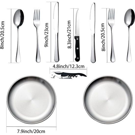Campingbestekset Barbecuebestek Reisbestek met lepel, mes, vorken, wijnopener en bord voor 1-2 personen - Perfect voor buiten wandelen Campingbarbecuefeest