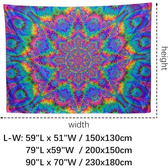 Blacklight wandtapijt, mandala, 150 x 200 cm, glow in the dark, psychedelisch, boho, kleurrijke achtergrond, Boheemse kamerdecoratie, hippie, wandposters voor slaapkamer