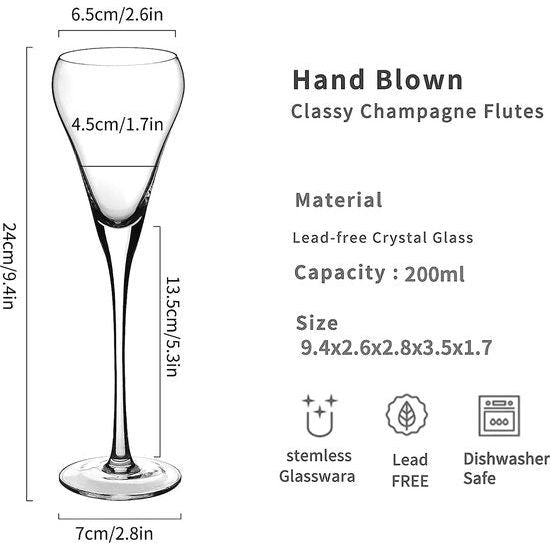 Champagneglazen, 6 stuks, champagneglazen, set van hoogwaardig glas, BPA-vrij kristalglas, modern en elegant design, ideaal voor bruiloften, jubilea, perfect cadeau, 200 ml