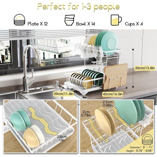 Afdruiprek voor servies, wit, afdruiprek en vaatwashandhouder, klein afdruiprek voor 1-3 personen, afdruiprek