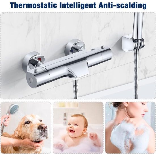Waterval Badkraan met Thermostaat 2 Functies Douchekraan voor Douche en Bad, Chroom Mengkraan Douchethermostaat met 38°C Veiligheidsknop, Badkraan 20-50℃