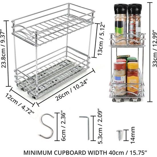 Uittrekbare 2-traps kruidenkeukenkast organizer, 12 x 26 x 23,8 cm (b x d x h), kruidenorganizer