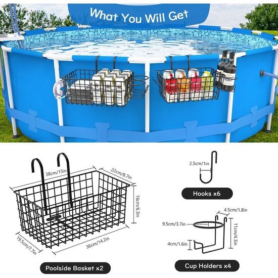 Zwembadmand, metalen zwembadmand, bekerhouder, handdoek, opbergrek, groot hangend zwembadaccessoire-organizer, opbergdoos met dik rooster, 2 stuks