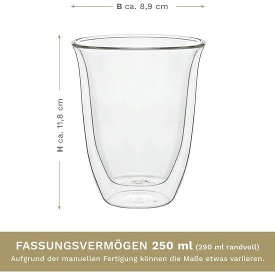 Dubbelwandige glazen 250 ml "DG-V", set van 4, groot thermoglas, dubbelwandig borosilicaglas, koffieglazen, theeglazen, latteglazen, dubbelwandige glazen