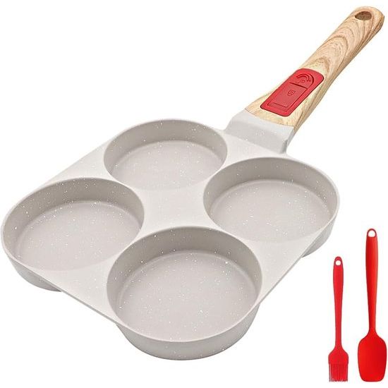 Gebakken eierpan met afneembaar handvat, pannenkoekpan inductie 4 gaten met antiaanbaklaag - wit