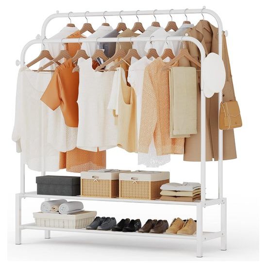 Kledingrek met 2 kledingstangen, kapstok van metaal met 2 lagen vloerplanken en 4 haken, tassen en schoenen opbergen, geschikt voor slaapkamer en woonkamer